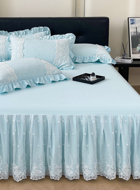 床裙三件套A类韩式花边床套床单纯色水洗棉床罩单件1.5m床盖1.8m2