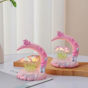 月亮小熊郁金香小夜灯摆件手工diy女孩子卧室房间装 饰品生日礼物