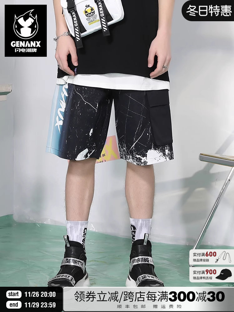 GENANX 번개 트렌디 브랜드 여름 새 스타일 컬러 매칭 피는 스플래시 잉크 문자 인쇄 남성용 느슨한 스트레이트 스트레이트 반바지