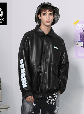 GENANX闪电潮牌PU革黑色棉衣冬季字母印花翻领潮流机车皮衣男外套