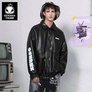 GENANX闪电潮牌PU革黑色棉衣冬季 字母印花翻领潮流机车皮衣男外套