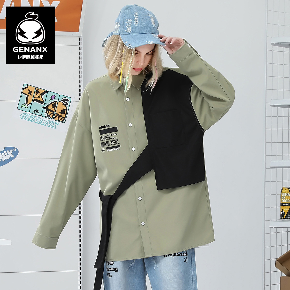 GENANX闪电潮牌拼色印花腰带衬衫