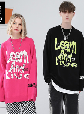 GENANX闪电潮牌圆领宽松红色毛衣男字母重磅复古情侣装秋冬针织衫