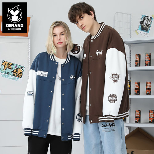 GENANX闪电潮牌美式棒球服夹克复古情侣装秋冬季vibe风外套男女装