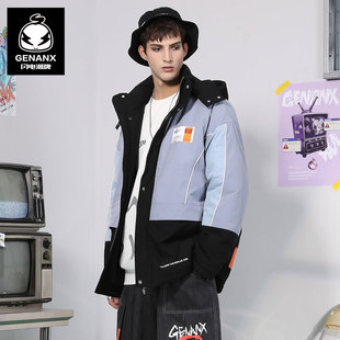 GENANX闪电潮牌情侣棉衣冬装 可拆卸帽印花连帽棉服休闲上衣外套男