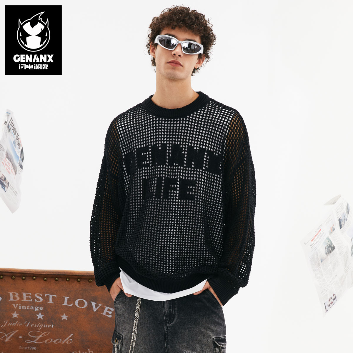 GENANX闪电潮牌长袖T恤男2025春新款上衣镂空慵懒风打底长T男宽松