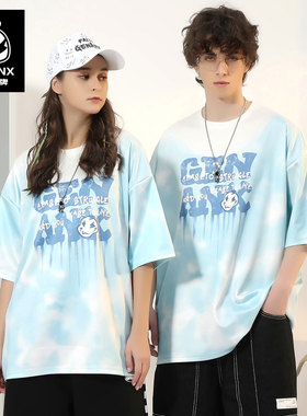 GENANX闪电潮牌重磅t恤男潮扎染天蓝色夏季休闲太空棉短袖情侣装