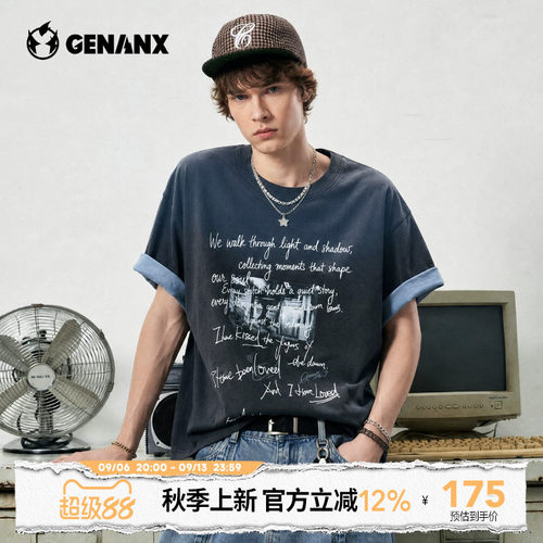 GENANX闪电潮牌美式怀旧胶片印花半袖2026夏季新款慵懒重磅短袖