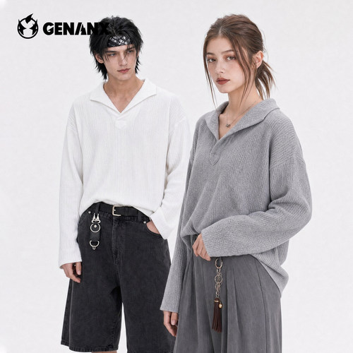 GENANX2026早秋男士针织衫翻领Polo领套头慵懒风休闲V领长袖T恤