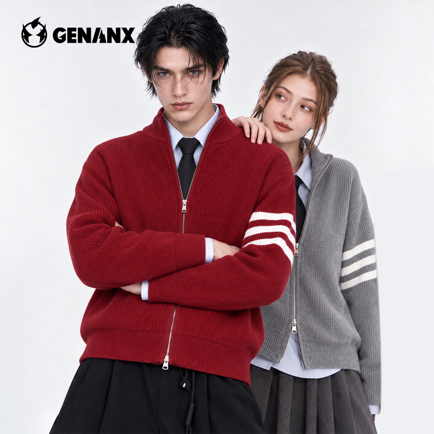 GENANX情侣装撞色条纹开衫2026秋季新款学院风全拉链立领针织开衫