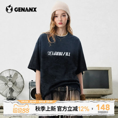 GENANX闪电潮牌渐变水洗短袖2026夏季新款满印暗纹字母情侣T恤