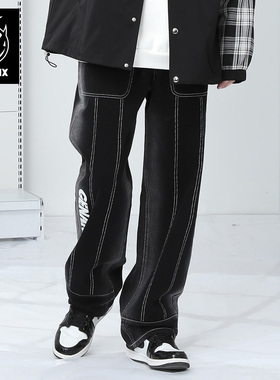 GENANX闪电潮牌宽松直筒裤黑色牛仔裤男女新款裤子春秋季阔腿长裤