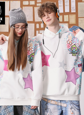 GENANX闪电潮牌2026春季新款百搭星星数码印花学生白色连帽卫衣男