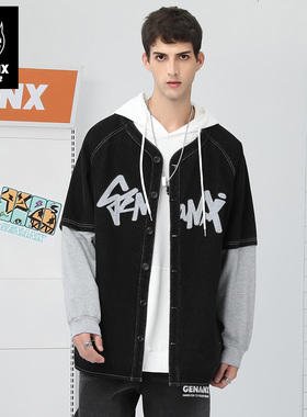 GENANX闪电潮牌无性别夹克秋cityboy牛仔拼接假两件外套无领设计