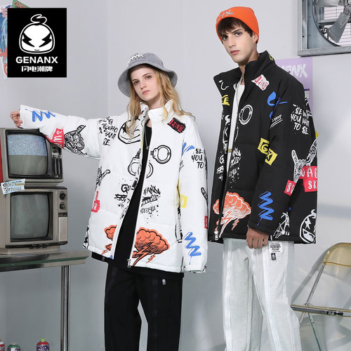 闪电潮牌新款冬季涂鸦印花棉衣