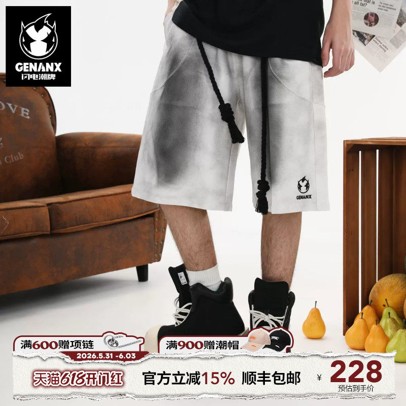 GENANX闪电潮牌2025夏季新款休闲短裤纯棉宽松大口袋松紧带六分裤