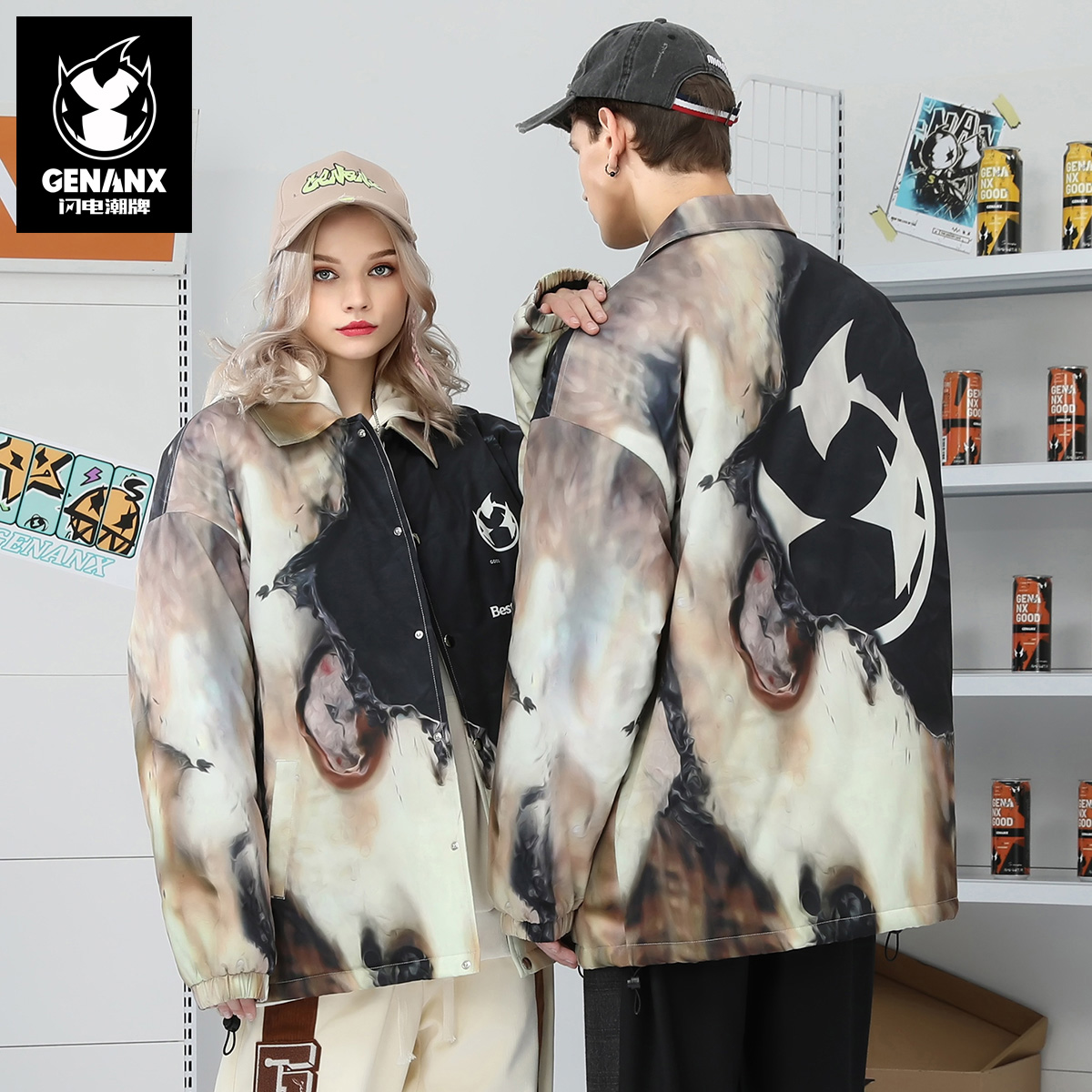 GENANX闪电潮牌撞色插画印花棉衣