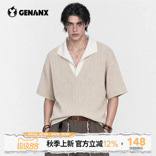 GENANX学院风假两件Polo衫男2026秋季新款英伦假两件叠穿短袖男生