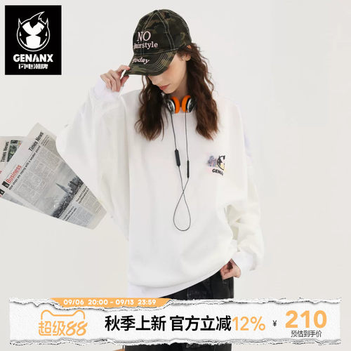 GENANX闪电潮牌秋季新款长袖上衣慵懒松弛气质情侣装白色卫衣
