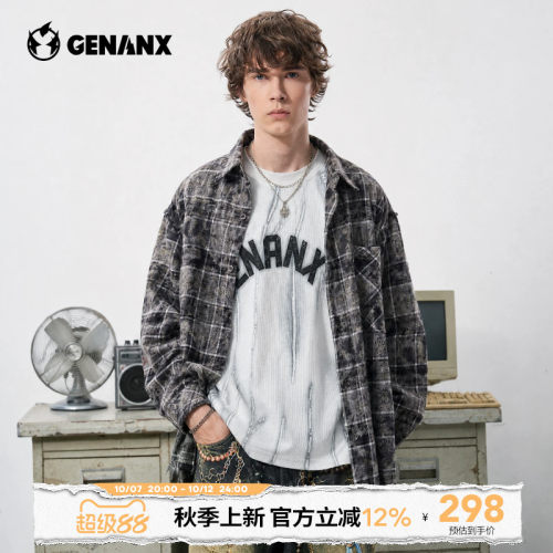 GENANX闪电潮牌2026秋季新款格子衬衫长袖宽松做旧磨破潮牌外套