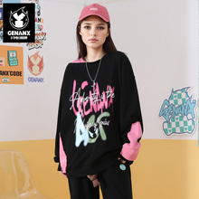 GENANX闪电潮牌zzx同款秋冬情侣假两件卫衣宽松休闲撞色印花上衣