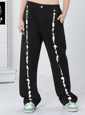 GENANX闪电潮牌牛仔裤黑色高街涂鸦字母泼墨印花水洗直筒秋冬长裤