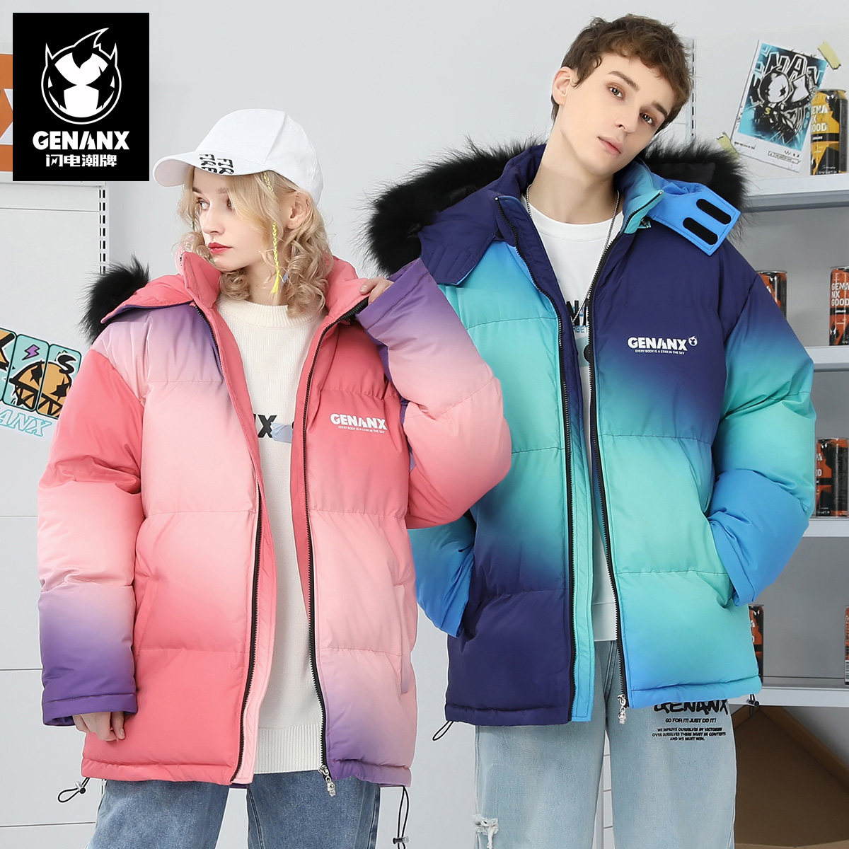 GENANX闪电潮牌冬季新款宽松保暖可脱卸貉子毛帽情侣棉衣棉服外套