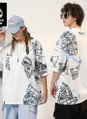 GENANX闪电潮牌圆领短袖夏季新款涂鸦印花宽松太空棉重磅白色T恤
