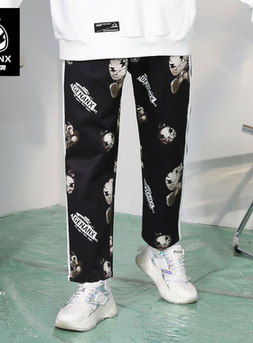 GENANX闪电潮牌黑色长裤logo原创设计满印侧条纹修身休闲运动裤男