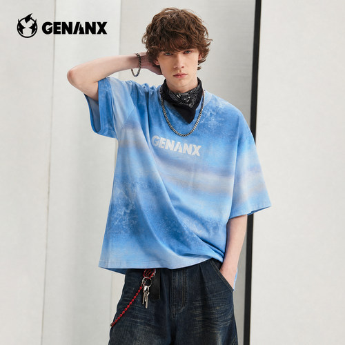 GENANX闪电潮牌渐变扎染短袖T恤2026夏季新款蓝天白云印花上衣