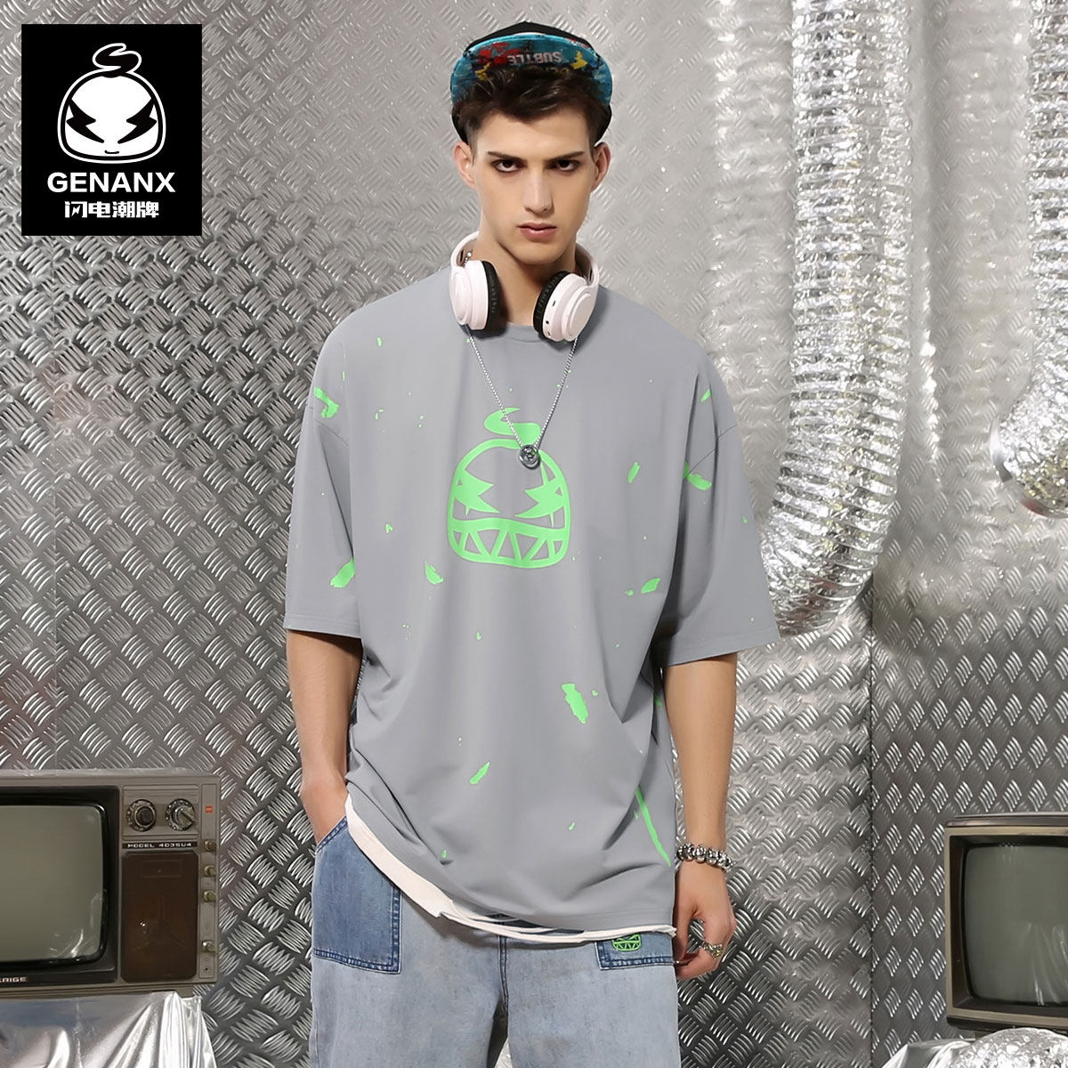 GENANX闪电潮牌圆领短袖t恤男2020夏季新款涂鸦印花纯棉上衣男孩