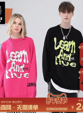 GENANX闪电潮牌圆领宽松红色毛衣男字母重磅复古情侣装秋冬针织衫