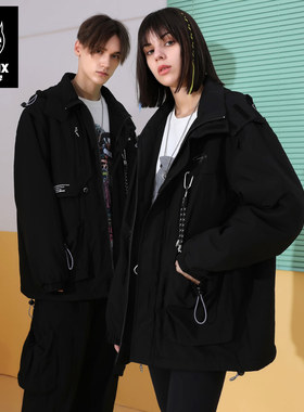 GENANX闪电潮牌机能风户外薄棉衣情侣款秋冬连帽宽松加棉夹克外套