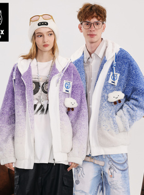 GENANX闪电潮牌2025冬季新款加绒卫衣可爱情侣装渐变色羊羔绒夹克