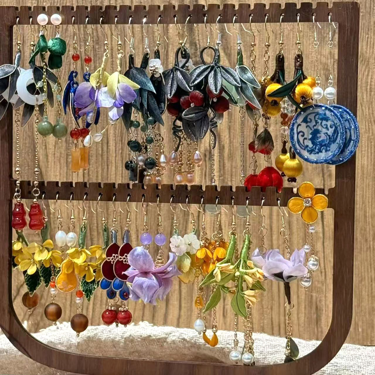 小众设计手工制作桑蚕丝+S925银花朵耳环女彩色时尚装饰花朵耳饰