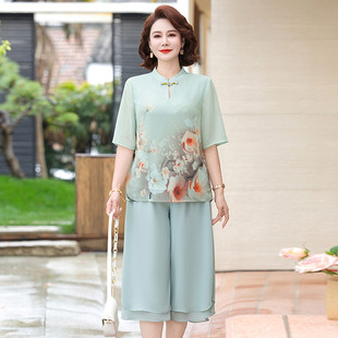 胖妈妈初夏套装洋气2025新款大码中老年女端庄大气宽松雪纺两件套