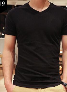 欧美纯棉T恤男士V领短袖af男装白色上衣纯色半袖鸡心领夏季新款