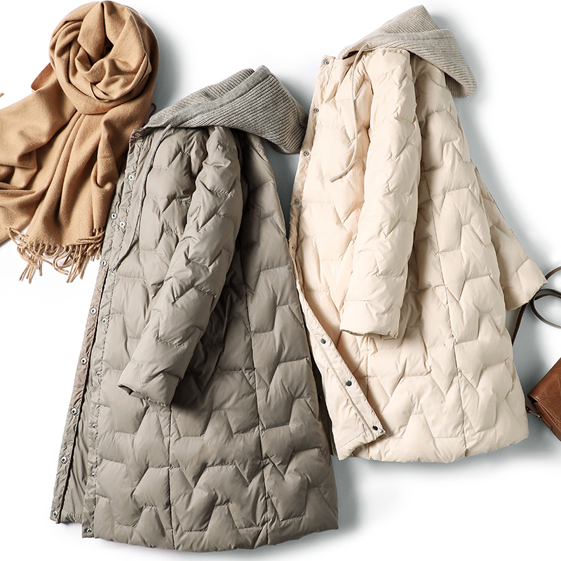 拼接中长款羽绒服女假两件帽子内搭年轻妈妈圆领a字版秋冬季洋气