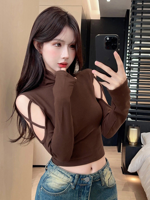 辣妹露肩高领打底长袖T恤女
