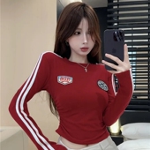 复古条纹红色长袖 收腰打底衫 t恤女秋季 紧身上衣短款 内搭 新款 美式