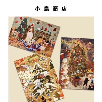 暖暖圣诞夜 小狗猫咪小熊可爱插画手绘美式复古卡通明信片贺卡片