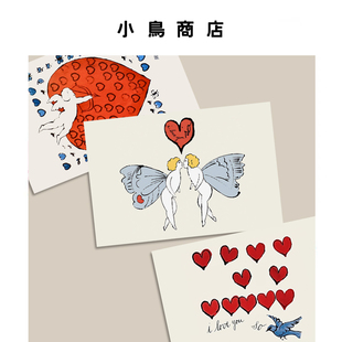 安迪·沃霍尔 情人节祝福贺卡爱心天使浪漫插画明信片手绘生日卡