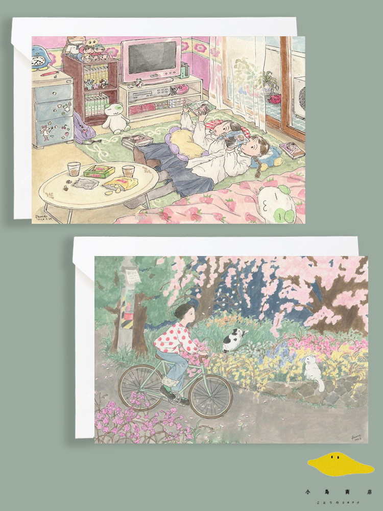 春日小伙伴 手绘水彩文艺明信片创意可爱童趣小猫小狗动物插画卡
