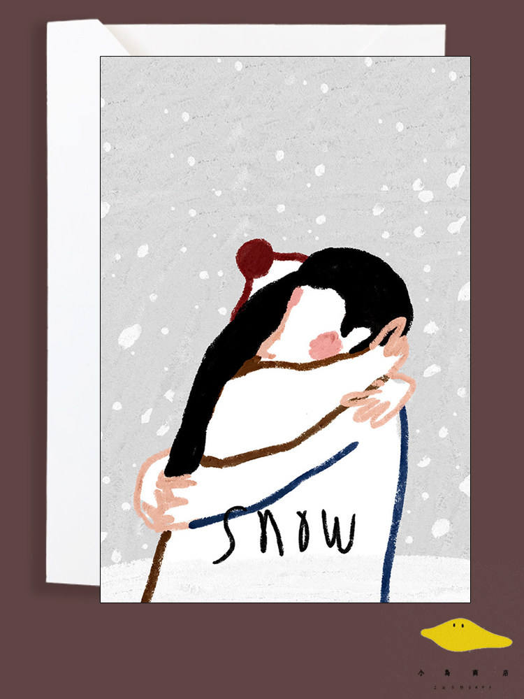 等待初雪 情侣插画明信片浪漫雪景圣诞节手绘贺卡祝福情人节卡片
