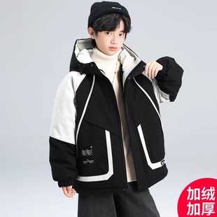 男童冬季加绒加厚外套2025新款冬装冲锋衣款中大儿童男孩冬款棉服