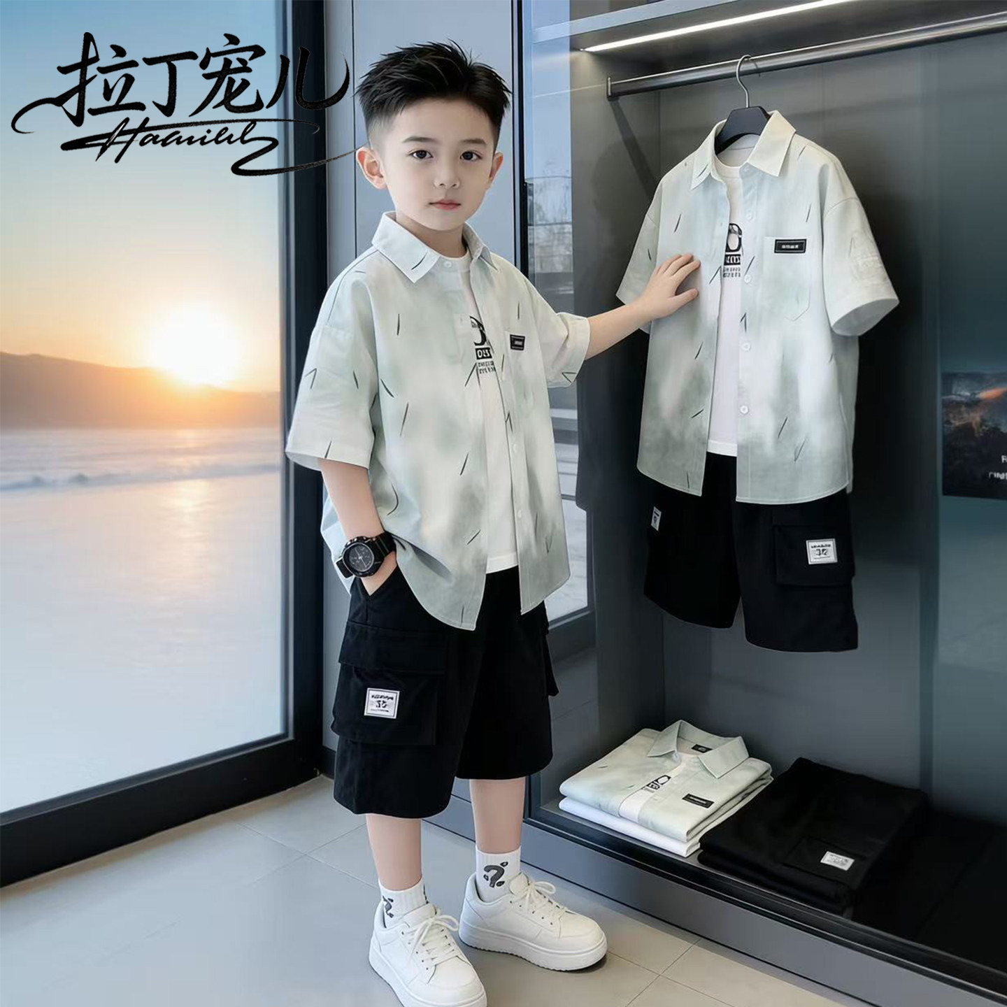 男童夏装短袖衬衫套装2026新款洋气夏天背心工装裤儿童三件套韩范