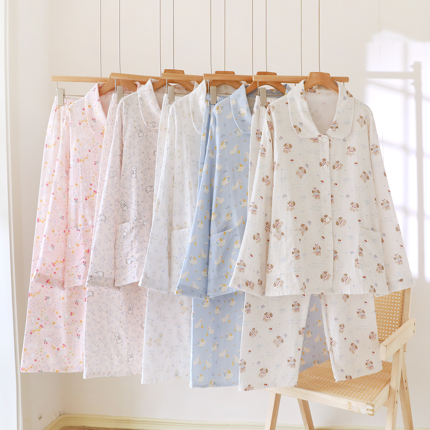 透气亲肤100%棉女士长袖长裤睡衣