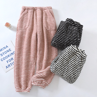 可外穿宽松加绒加厚保暖法兰绒家居裤 日系条纹珊瑚绒睡裤 女士长裤