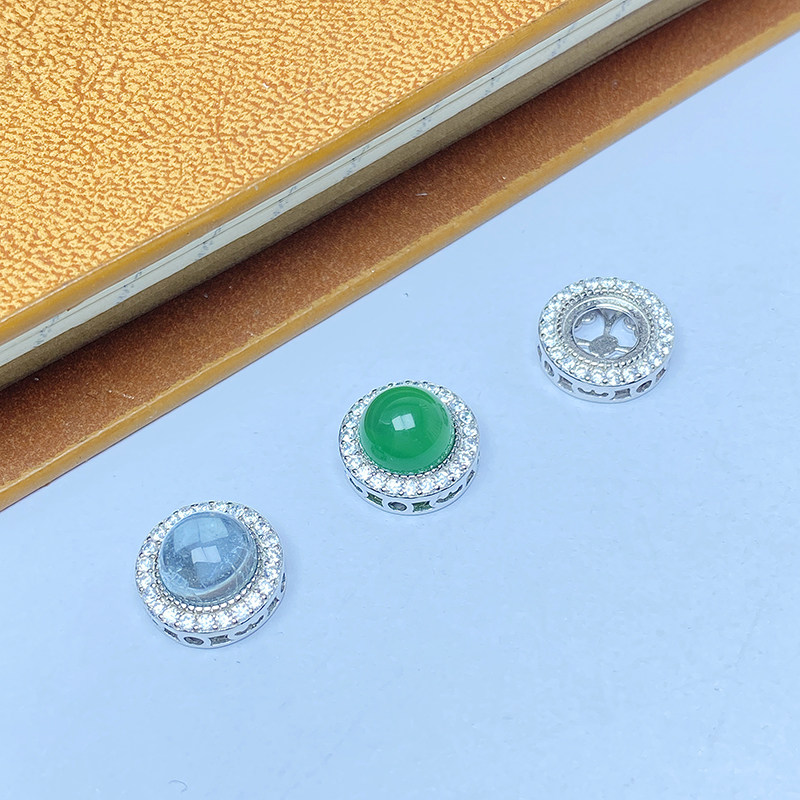 S925银满钻圆形吊坠托diy手工制作项链串珠饰品配件天然海蓝宝