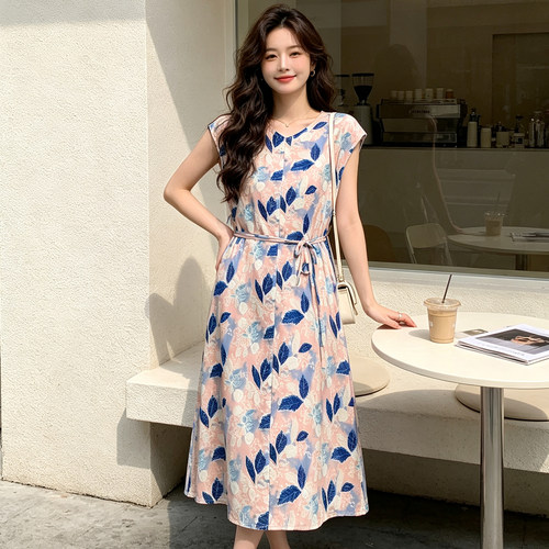 中年妈妈无袖V领棉绸连衣裙女收腰显瘦长款大码宽松遮肉印花长裙